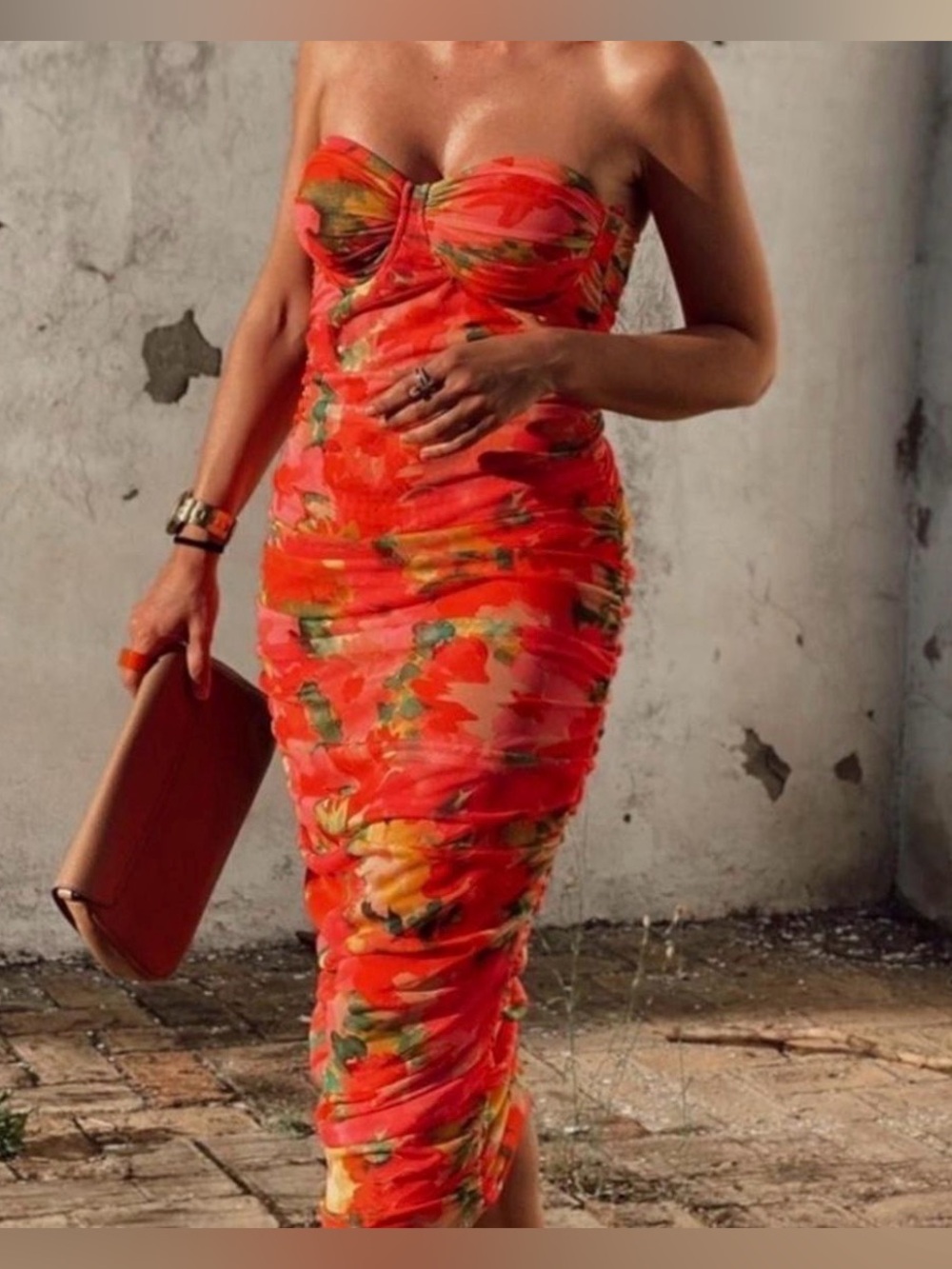 Zara Strapless Orange-Red Floral Ruched Sheath Dress